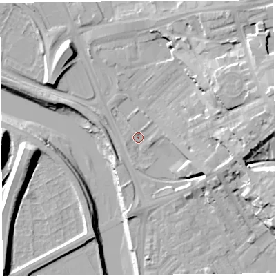 Shaded relief map of the ground around PR18PZ, computed from Environment Agency LiDAR. The ground here sits at about 6 m above sea level and falls 24 m across the surrounding 800 m. Surface water reaching this point runs off ground lying to the east, 9.1 m higher.