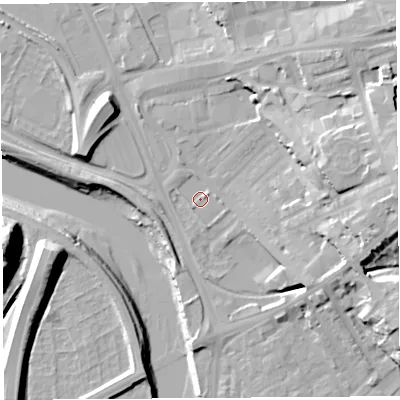 Shaded relief map of the ground around PR18QD, computed from Environment Agency LiDAR. The ground here sits at about 7 m above sea level and falls 28 m across the surrounding 800 m. Surface water reaching this point runs off ground lying to the east, 15.4 m higher.