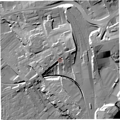 Shaded relief map of the ground around PR18QU, computed from Environment Agency LiDAR. The ground here sits at about 21 m above sea level and falls 26 m across the surrounding 800 m. Surface water reaching this point runs off ground lying to the north-east, 6.0 m higher.