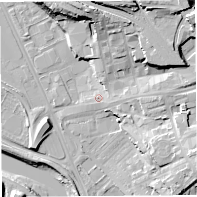 Shaded relief map of the ground around PR18RT, computed from Environment Agency LiDAR. The ground here sits at about 10 m above sea level and falls 30 m across the surrounding 800 m. Surface water reaching this point runs off ground lying to the east, 3.5 m higher.