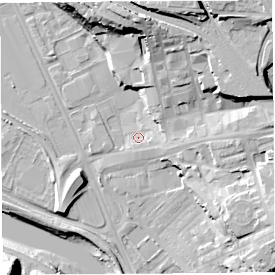 Shaded relief map of the ground around PR18SJ, computed from Environment Agency LiDAR. The ground here sits at about 8 m above sea level and falls 31 m across the surrounding 800 m. Surface water reaching this point runs off ground lying to the north-north-east, 18.4 m higher.