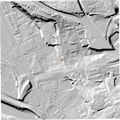 Shaded relief map of the ground around PR18SL, computed from Environment Agency LiDAR. The ground here sits at about 9 m above sea level and falls 31 m across the surrounding 800 m. Surface water reaching this point runs off ground lying to the north-east, 4.9 m higher.