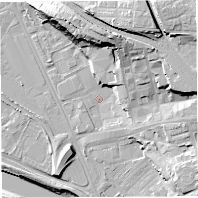 Shaded relief map of the ground around PR18UD, computed from Environment Agency LiDAR. The ground here sits at about 7 m above sea level and falls 31 m across the surrounding 800 m. Surface water reaching this point runs off ground lying to the north-north-east, 22.4 m higher.