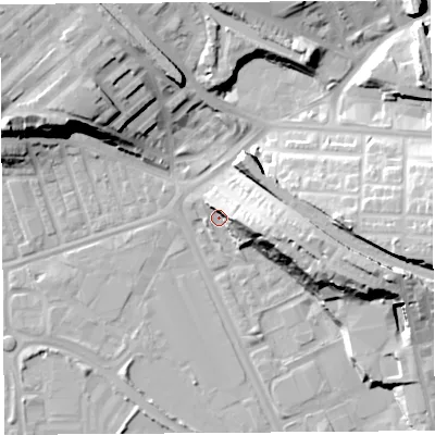 Shaded relief map of the ground around PR18UE, computed from Environment Agency LiDAR. The ground here sits at about 9 m above sea level and falls 24 m across the surrounding 800 m. Surface water reaching this point runs off ground lying to the east-south-east, 13.3 m higher.