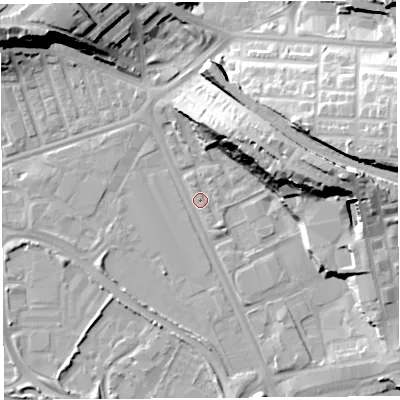 Shaded relief map of the ground around PR18UG, computed from Environment Agency LiDAR. The ground here sits at about 8 m above sea level and falls 24 m across the surrounding 800 m. Surface water reaching this point runs off ground lying to the east-north-east, 23.5 m higher.