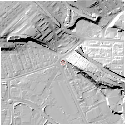 Shaded relief map of the ground around PR18UJ, computed from Environment Agency LiDAR. The ground here sits at about 8 m above sea level and falls 24 m across the surrounding 800 m. Surface water reaching this point runs off ground lying to the east, 21.9 m higher.