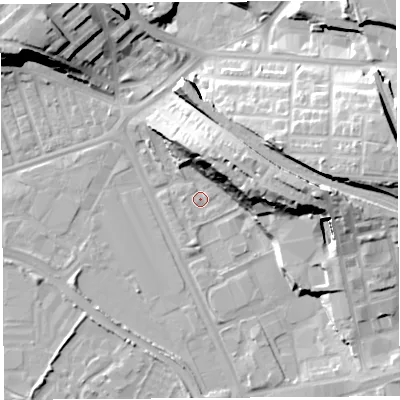 Shaded relief map of the ground around PR18UN, computed from Environment Agency LiDAR. The ground here sits at about 7 m above sea level and falls 24 m across the surrounding 800 m. Surface water reaching this point runs off ground lying to the east, 21.4 m higher.