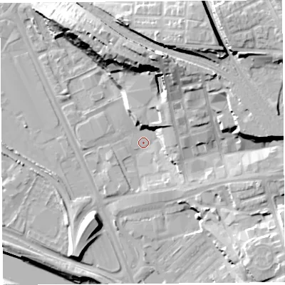 Shaded relief map of the ground around PR18UQ, computed from Environment Agency LiDAR. The ground here sits at about 7 m above sea level and falls 31 m across the surrounding 800 m. Surface water reaching this point runs off ground lying to the north, 22.4 m higher.