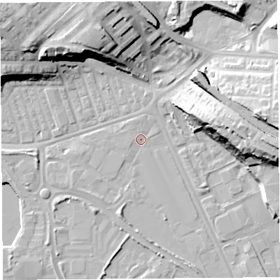 Shaded relief map of the ground around PR18UR, computed from Environment Agency LiDAR. The ground here sits at about 7 m above sea level and falls 25 m across the surrounding 800 m. Surface water reaching this point runs off ground lying to the south-south-west, 2.4 m higher.