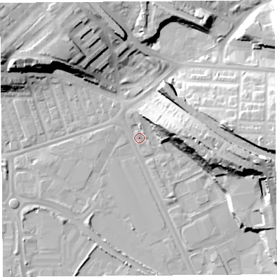 Shaded relief map of the ground around PR18UW, computed from Environment Agency LiDAR. The ground here sits at about 8 m above sea level and falls 24 m across the surrounding 800 m. Surface water reaching this point runs off ground lying to the east, 22.5 m higher.