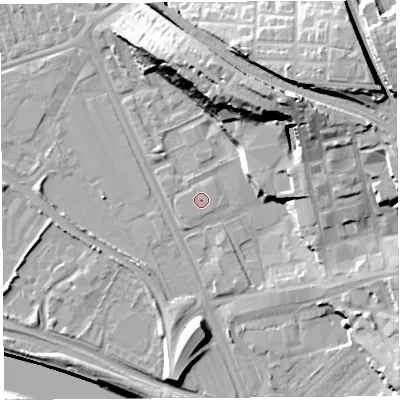 Shaded relief map of the ground around PR18UY, computed from Environment Agency LiDAR. The ground here sits at about 8 m above sea level and falls 31 m across the surrounding 800 m. The ground contributing surface water to this point lies to the north-west.