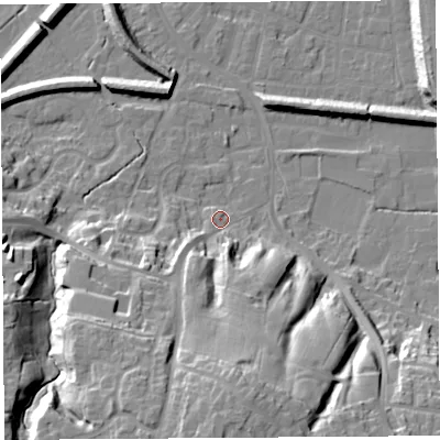 Shaded relief map of the ground around PR19HY, computed from Environment Agency LiDAR. The ground here sits at about 9 m above sea level and falls 26 m across the surrounding 800 m. Surface water reaching this point runs off ground lying to the south, 24.0 m higher.