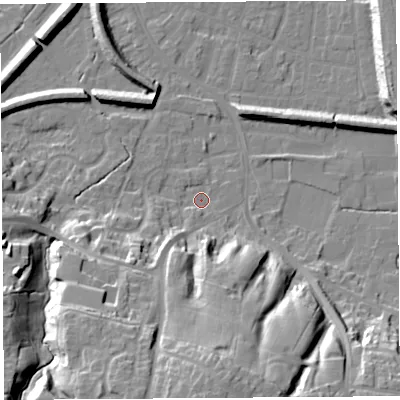 Shaded relief map of the ground around PR19JR, computed from Environment Agency LiDAR. The ground here sits at about 8 m above sea level and falls 26 m across the surrounding 800 m. Surface water reaching this point runs off ground lying to the south-south-west, 20.8 m higher.