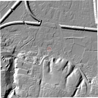 Shaded relief map of the ground around PR19JS, computed from Environment Agency LiDAR. The ground here sits at about 8 m above sea level and falls 26 m across the surrounding 800 m. Surface water reaching this point runs off ground lying to the south-south-west, 6.4 m higher.
