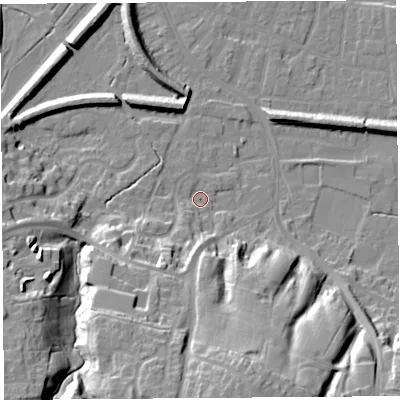 Shaded relief map of the ground around PR19JU, computed from Environment Agency LiDAR. The ground here sits at about 8 m above sea level and falls 26 m across the surrounding 800 m. Surface water reaching this point runs off ground lying to the south-south-west, 20.5 m higher.