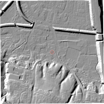 Shaded relief map of the ground around PR19JW, computed from Environment Agency LiDAR. The ground here sits at about 8 m above sea level and falls 26 m across the surrounding 800 m. Surface water reaching this point runs off ground lying to the south, 24.5 m higher.