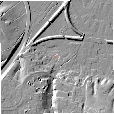 Shaded relief map of the ground around PR19JX, computed from Environment Agency LiDAR. The ground here sits at about 9 m above sea level and falls 25 m across the surrounding 800 m. Surface water reaching this point runs off ground lying to the south-west, 12.0 m higher.