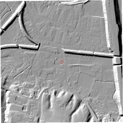 Shaded relief map of the ground around PR19QD, computed from Environment Agency LiDAR. The ground here sits at about 7 m above sea level and falls 26 m across the surrounding 800 m. Surface water reaching this point runs off ground lying to the south-south-west, 20.8 m higher.