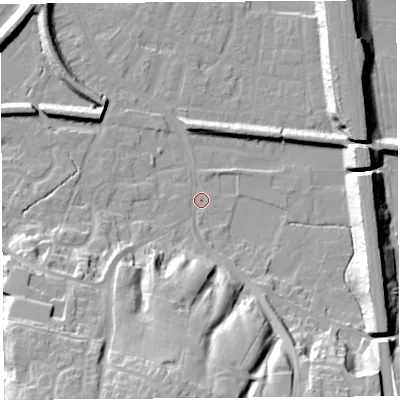 Shaded relief map of the ground around PR19QE, computed from Environment Agency LiDAR. The ground here sits at about 7 m above sea level and falls 26 m across the surrounding 800 m. Surface water reaching this point runs off ground lying to the south-south-west, 24.3 m higher.