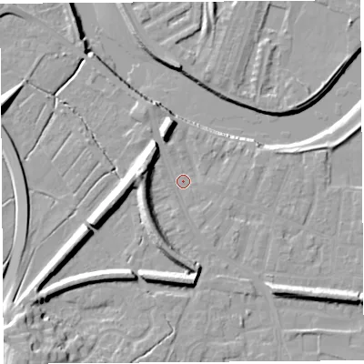 Shaded relief map of the ground around PR19QH, computed from Environment Agency LiDAR. The ground here sits at about 7 m above sea level and falls 20 m across the surrounding 800 m. Surface water reaching this point runs off ground lying to the west, 8.0 m higher.