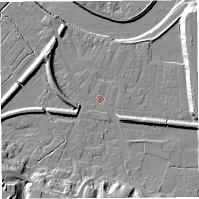 Shaded relief map of the ground around PR19QJ, computed from Environment Agency LiDAR. The ground here sits at about 7 m above sea level and falls 24 m across the surrounding 800 m. Surface water reaching this point runs off ground lying to the south-south-west, 13.9 m higher.