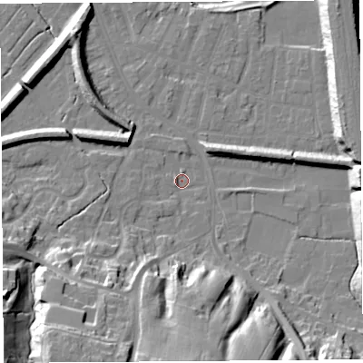 Shaded relief map of the ground around PR19QL, computed from Environment Agency LiDAR. The ground here sits at about 7 m above sea level and falls 26 m across the surrounding 800 m. Surface water reaching this point runs off ground lying to the south-south-west, 21.0 m higher.
