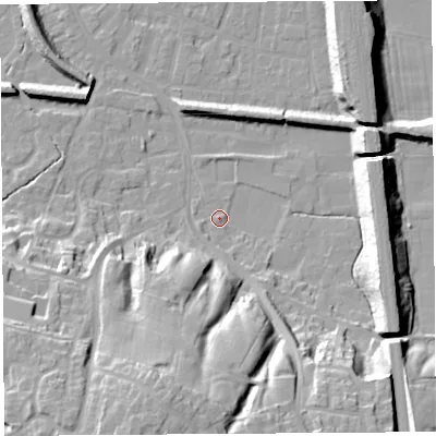 Shaded relief map of the ground around PR19QN, computed from Environment Agency LiDAR. The ground here sits at about 8 m above sea level and falls 27 m across the surrounding 800 m. Surface water reaching this point runs off ground lying to the south-south-west, 1.1 m higher.