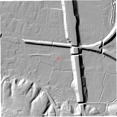 Shaded relief map of the ground around PR19QP, computed from Environment Agency LiDAR. The ground here sits at about 8 m above sea level and falls 25 m across the surrounding 800 m. Surface water reaching this point runs off ground lying to the west-south-west, 0.6 m higher.