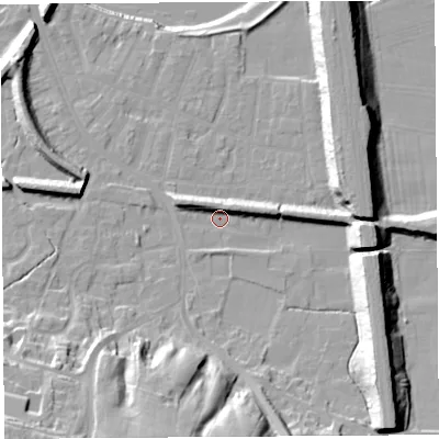 Shaded relief map of the ground around PR19QQ, computed from Environment Agency LiDAR. The ground here sits at about 7 m above sea level and falls 25 m across the surrounding 800 m. Surface water reaching this point runs off ground lying to the south-east, 12.9 m higher.