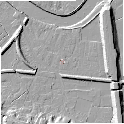 Shaded relief map of the ground around PR19QR, computed from Environment Agency LiDAR. The ground here sits at about 8 m above sea level and falls 21 m across the surrounding 800 m. Surface water reaching this point runs off ground lying to the east, 0.5 m higher.