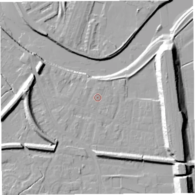 Shaded relief map of the ground around PR19QS, computed from Environment Agency LiDAR. The ground here sits at about 7 m above sea level and falls 18 m across the surrounding 800 m. Surface water reaching this point runs off ground lying to the north, 0.9 m higher.