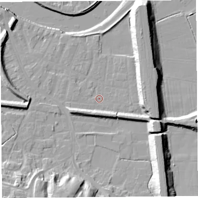 Shaded relief map of the ground around PR19QT, computed from Environment Agency LiDAR. The ground here sits at about 7 m above sea level and falls 20 m across the surrounding 800 m. Surface water reaching this point runs off ground lying to the east, 11.7 m higher.