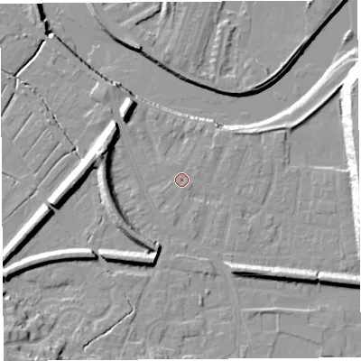 Shaded relief map of the ground around PR19QU, computed from Environment Agency LiDAR. The ground here sits at about 7 m above sea level and falls 18 m across the surrounding 800 m. Surface water reaching this point runs off ground lying to the east-north-east, 13.9 m higher.