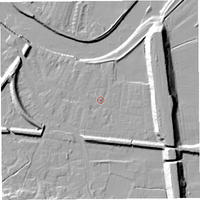 Shaded relief map of the ground around PR19QX, computed from Environment Agency LiDAR. The ground here sits at about 7 m above sea level and falls 18 m across the surrounding 800 m. Surface water reaching this point runs off ground lying to the north-east, 14.0 m higher.