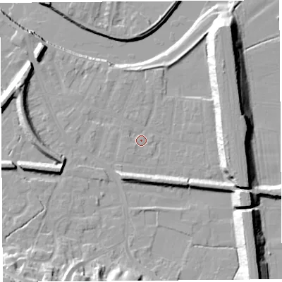 Shaded relief map of the ground around PR19QY, computed from Environment Agency LiDAR. The ground here sits at about 7 m above sea level and falls 21 m across the surrounding 800 m. Surface water reaching this point runs off ground lying to the north-east, 14.0 m higher.