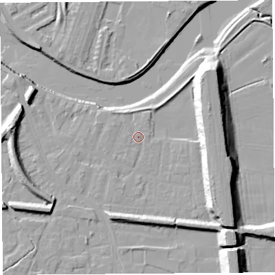 Shaded relief map of the ground around PR19RA, computed from Environment Agency LiDAR. The ground here sits at about 7 m above sea level and falls 18 m across the surrounding 800 m. Surface water reaching this point runs off ground lying to the south-west, 0.7 m higher.