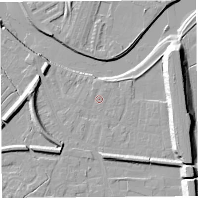 Shaded relief map of the ground around PR19RB, computed from Environment Agency LiDAR. The ground here sits at about 7 m above sea level and falls 18 m across the surrounding 800 m. Surface water reaching this point runs off ground lying to the north-east, 1.0 m higher.