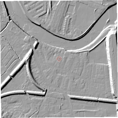 Shaded relief map of the ground around PR19RD, computed from Environment Agency LiDAR. The ground here sits at about 7 m above sea level and falls 18 m across the surrounding 800 m. Surface water reaching this point runs off ground lying to the east, 0.7 m higher.