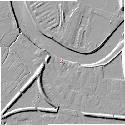 Shaded relief map of the ground around PR19RE, computed from Environment Agency LiDAR. The ground here sits at about 7 m above sea level and falls 19 m across the surrounding 800 m. Surface water reaching this point runs off ground lying to the west, 5.1 m higher.