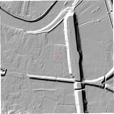 Shaded relief map of the ground around PR19RF, computed from Environment Agency LiDAR. The ground here sits at about 7 m above sea level and falls 17 m across the surrounding 800 m. Surface water reaching this point runs off ground lying to the north-east, 1.0 m higher.