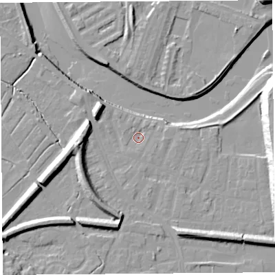 Shaded relief map of the ground around PR19RH, computed from Environment Agency LiDAR. The ground here sits at about 6 m above sea level and falls 18 m across the surrounding 800 m. Surface water reaching this point runs off ground lying to the east-north-east, 13.9 m higher.