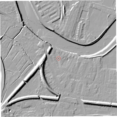 Shaded relief map of the ground around PR19RJ, computed from Environment Agency LiDAR. The ground here sits at about 7 m above sea level and falls 17 m across the surrounding 800 m. Surface water reaching this point runs off ground lying to the west-south-west, 8.2 m higher.