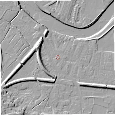 Shaded relief map of the ground around PR19RL, computed from Environment Agency LiDAR. The ground here sits at about 7 m above sea level and falls 21 m across the surrounding 800 m. Surface water reaching this point runs off ground lying to the south-south-west, 0.8 m higher.