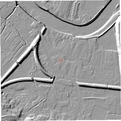 Shaded relief map of the ground around PR19RN, computed from Environment Agency LiDAR. The ground here sits at about 7 m above sea level and falls 21 m across the surrounding 800 m. The ground contributing surface water to this point lies to the west-north-west.