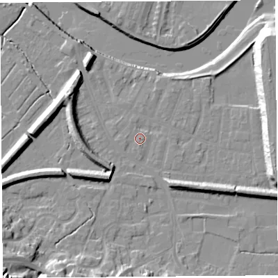 Shaded relief map of the ground around PR19RP, computed from Environment Agency LiDAR. The ground here sits at about 7 m above sea level and falls 22 m across the surrounding 800 m. Surface water reaching this point runs off ground lying to the east-south-east, 0.7 m higher.