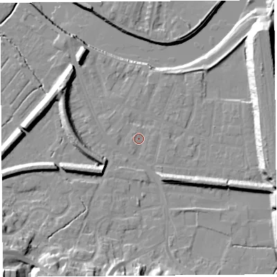 Shaded relief map of the ground around PR19RQ, computed from Environment Agency LiDAR. The ground here sits at about 7 m above sea level and falls 22 m across the surrounding 800 m. Surface water reaching this point runs off ground lying to the north-north-west, 0.9 m higher.