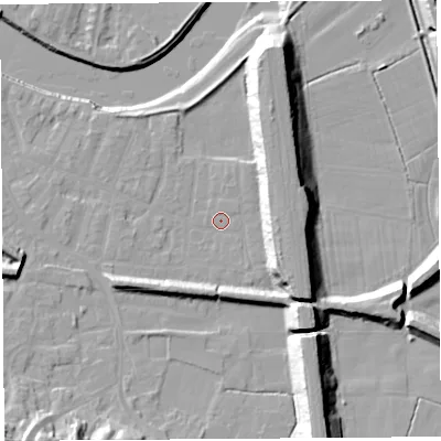 Shaded relief map of the ground around PR19RR, computed from Environment Agency LiDAR. The ground here sits at about 7 m above sea level and falls 17 m across the surrounding 800 m. Surface water reaching this point runs off ground lying to the south-east, 11.4 m higher.