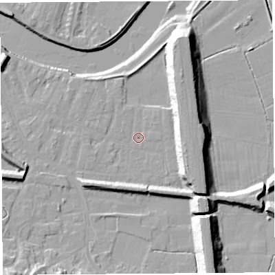 Shaded relief map of the ground around PR19RU, computed from Environment Agency LiDAR. The ground here sits at about 7 m above sea level and falls 17 m across the surrounding 800 m. Surface water reaching this point runs off ground lying to the north-east, 14.0 m higher.