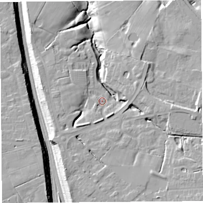 Shaded relief map of the ground around PR19RW, computed from Environment Agency LiDAR. The ground here sits at about 28 m above sea level and falls 20 m across the surrounding 800 m. Surface water reaching this point runs off ground lying to the south-south-west, 7.9 m higher.