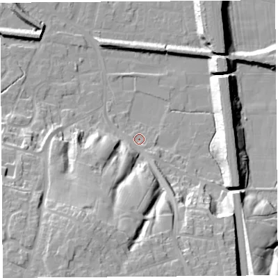 Shaded relief map of the ground around PR19TB, computed from Environment Agency LiDAR. The ground here sits at about 9 m above sea level and falls 27 m across the surrounding 800 m. Surface water reaching this point runs off ground lying to the south-south-west, 23.1 m higher.